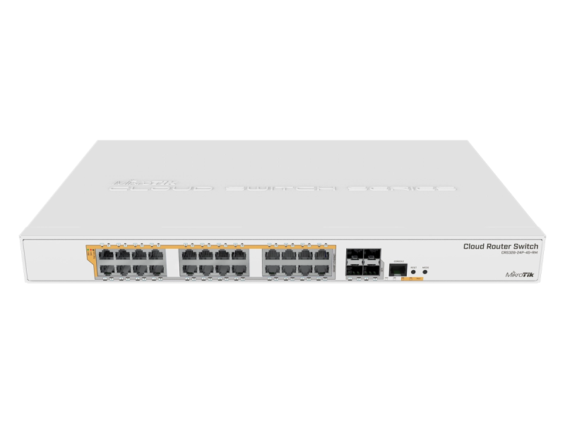 Mikrotik Router/switch CRS328-24P-4S+RM 24 port Gigabit Ethernet with four 10Gbps SFP+ ports in 1U rackmount case, Dual Boot and PoE output, 500W