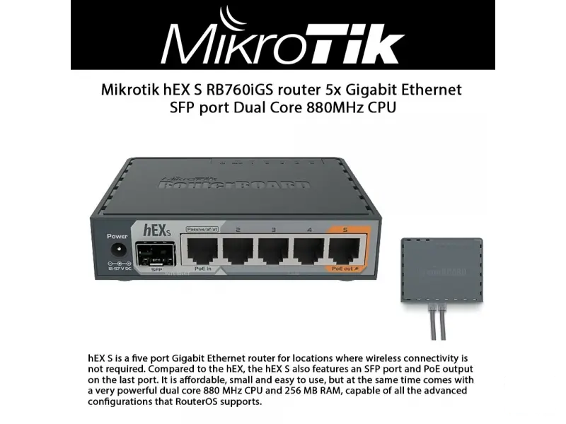 Mikrotik Router hEX S (RB760iGS) 5x Gigabit Ethernet, SFP, Dual Core 880MHz CPU, 256MB RAM, USB, microSD, RouterOS L4, IPsec hardware encryption support and The Dude server package