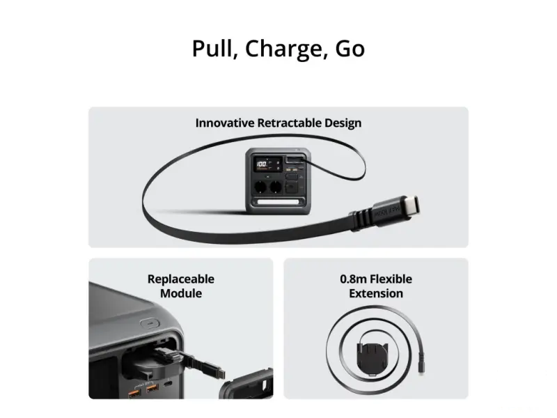 DJI Power 1000 Mini, 1kWh, AC output port x2, USB-C x1, USB-A x2, SDC x1, USB-C Retractable Cable x1