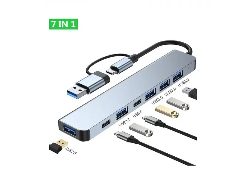 E-GREEN Adapter 7 in 1 USB 3.0/USB 3.1 tip C (M) - USB 3.0 + 2x Tip C