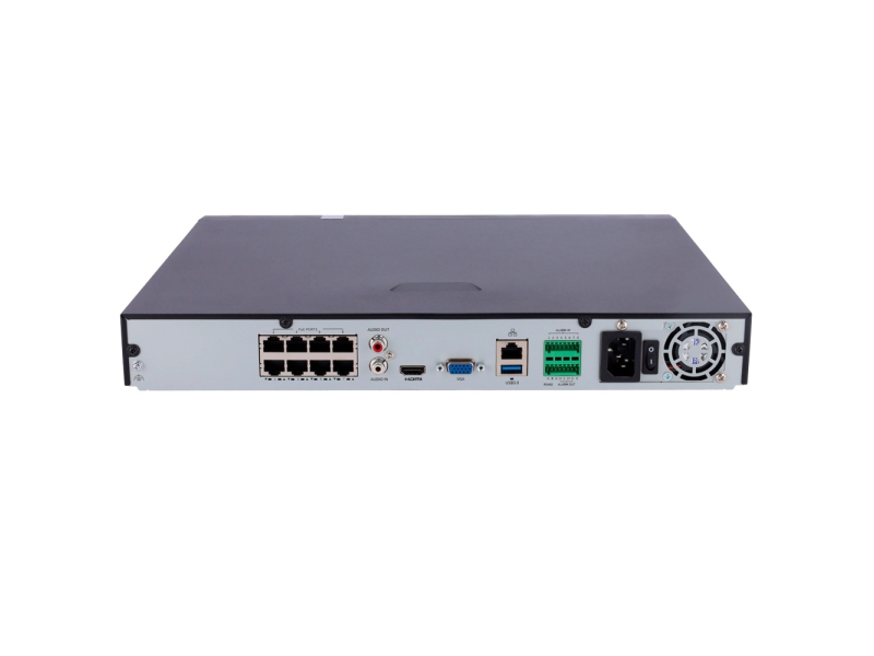 Uniview NVR 8 kanala NVR302-08E2-P8-IQ, do 12MP, Ultra 265/H.265/H.264, HDMI 4K, VGA, 8 x PoE, 2 x HDD do 10TB, audio, alarm I/O, 52VDC