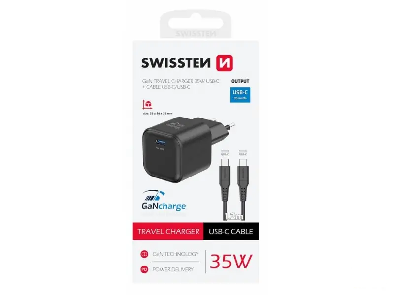 Swissten Travel charger 1x USB-C 35W PD black, data cable USB-C/USB-C 1.2 M black