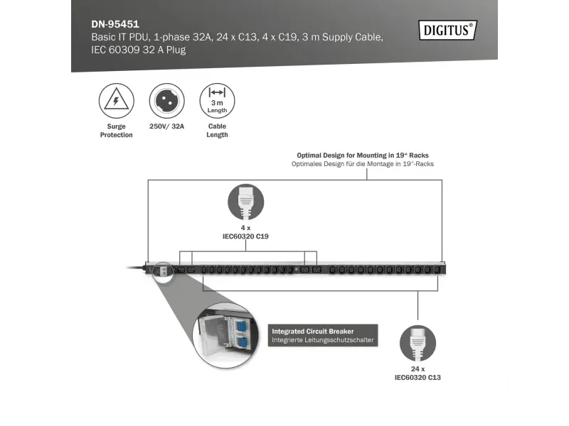 Digitus BASIC PDU, Vertical, 32A, 24 x C13, 4 x C19
