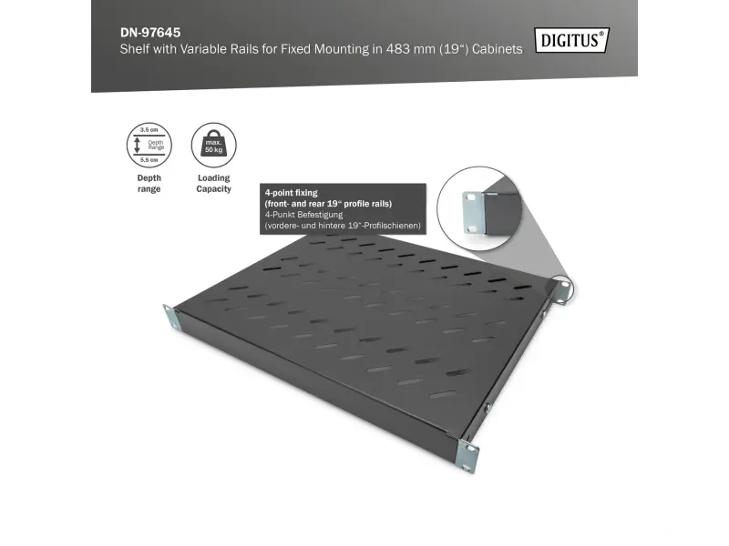 Digitus Polica fiksna 483 mm (19"), do 50 kg, 44.5×482×350‑500 mm, crna