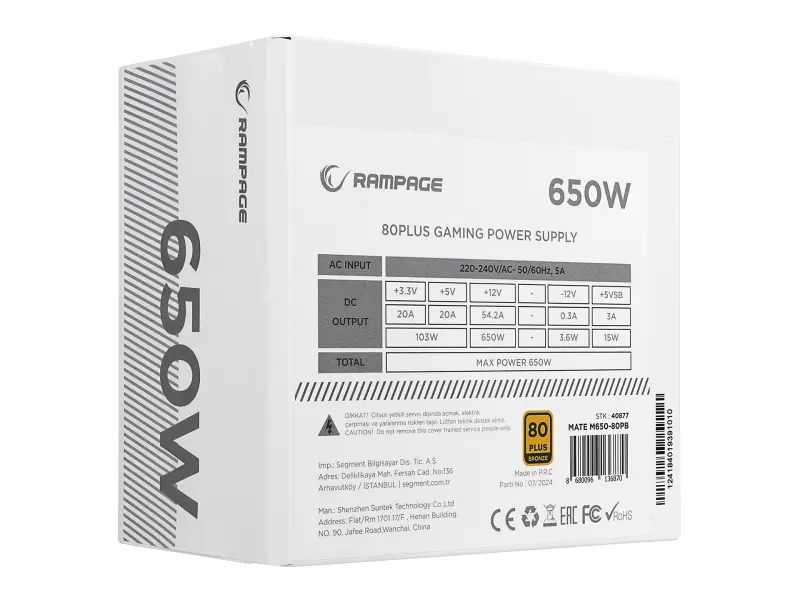 Rampage Napajanje MATE M650-80PB 650W 80+ Bronze Full Modular Active PFC White