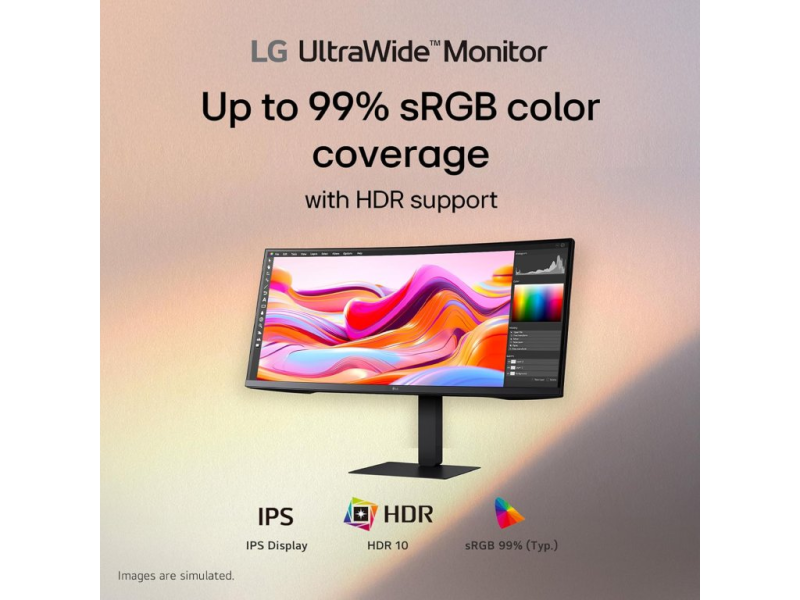 LG 34" Curved UltraWide WQHD Monitor 34U650A-B,3440x1440,21:9,100Hz, HDMI*2/DP,7W* 2, HAS, USB-C,LAN