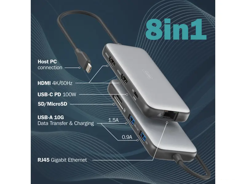 Digitus HUB 8 in 1 2x HDMI, 2x USB 3.2, 2x card reader, 1x USB Type-C, 1x RJ45 Gigabit Ethernet