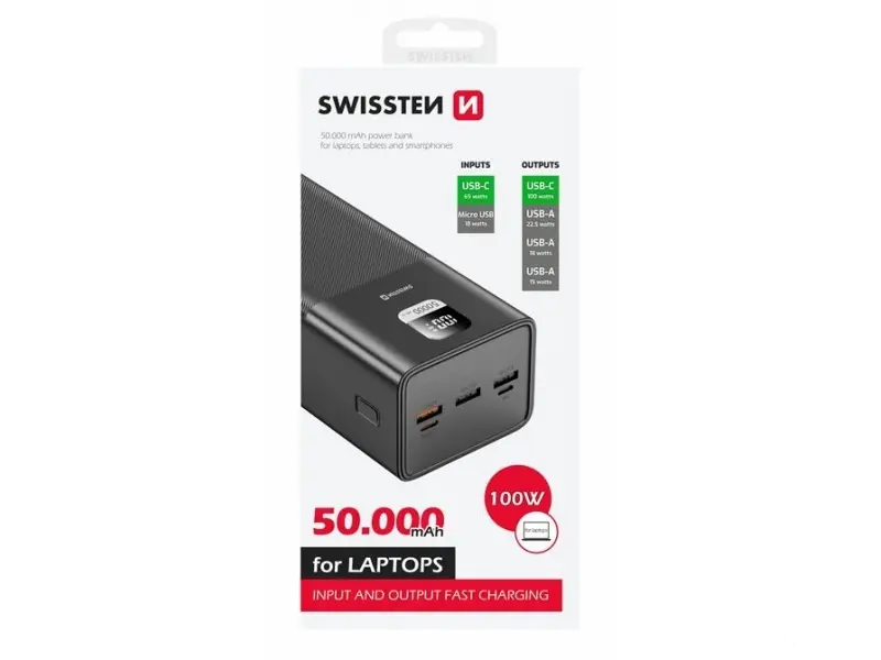 Swissten Power bank Power Line 50000 mAh 100W for laptops, black