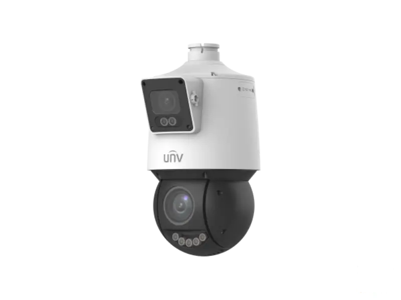 Uniview Kamera 4MP+4MP IPC94144SFW-X25-F40C PTZ Dome, Dual‑Lens LightHunter, fiksni objektiv 4 mm + varifocal 4.8‑120 mm, 25x opticki zoom, IR i warm light osvjetljenje, True WDR 120 dB, PoE+/12VDC, microSD do 256 GB, IP66/IK10, Dozna UF45-A