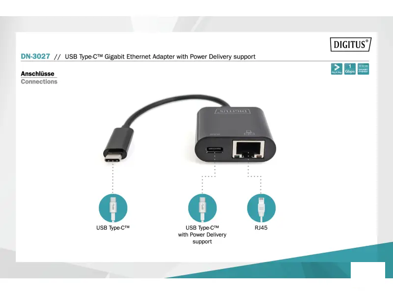 Digitus HUB USB Type C to RJ45 Gigabit Ethernet + Type C PD