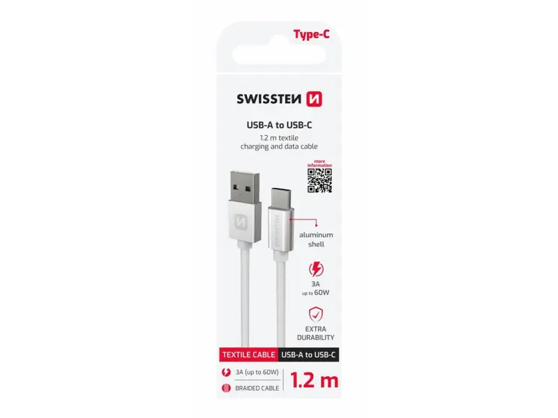 Swissten Data kabl Textile USB / USB-C 1.2m Silver