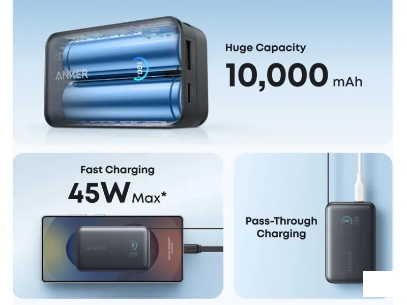 ANKER Nano 10000mAh, 45W, sa ugrađenim USB-C kablom na izvlačenje, Power Bank crni 