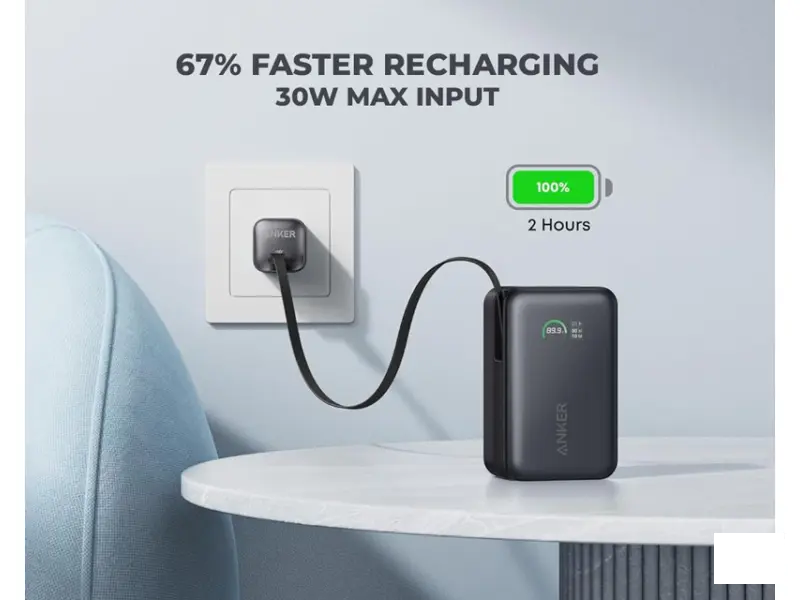 ANKER Nano 10000mAh, 45W, sa ugrađenim USB-C kablom na izvlačenje, Power Bank crni 