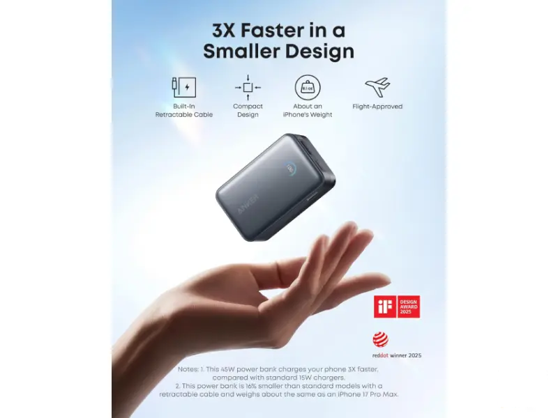 ANKER Nano 10000mAh, 45W, sa ugrađenim USB-C kablom na izvlačenje, Power Bank crni 
