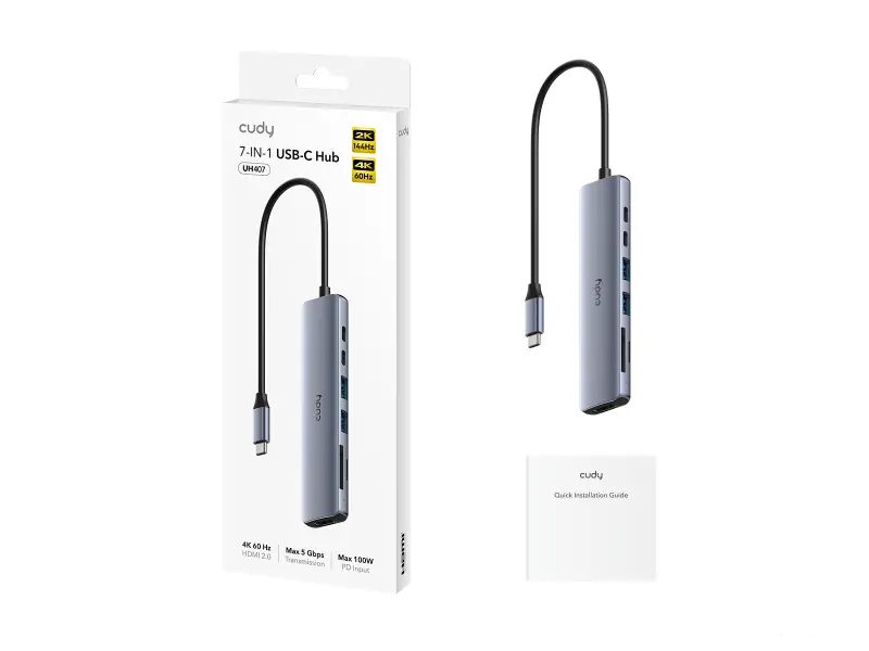 CUDY HUB 7-in-1 1x HDMI 4K, 1x USB Type-C PC 100W, 1x USB Type-C, 2x USB A 3.2, 1x FT slot, 1x SDXC slot