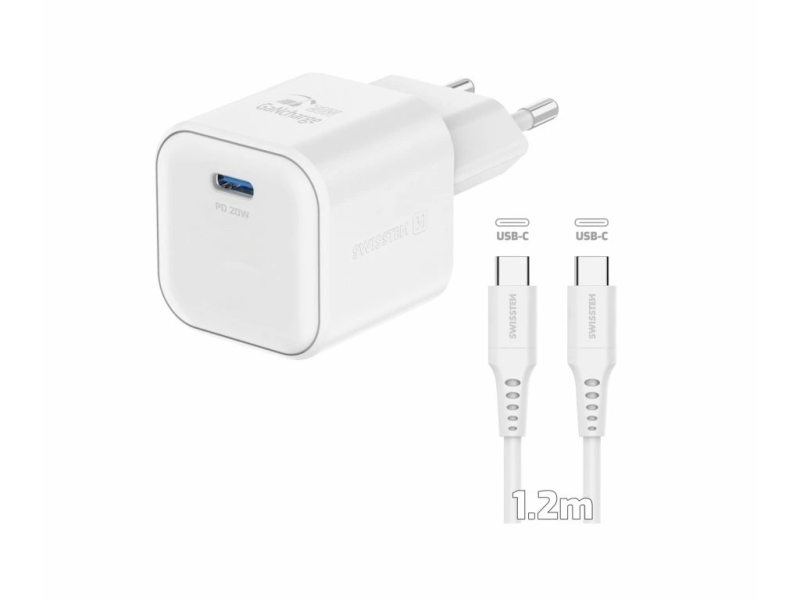 Swissten TRAVEL CHARGER GaN 1x USB-C 20W POWER DELIVERY WHITE + DATA CABLE USB-C/USB-C 1,2 M WHITE