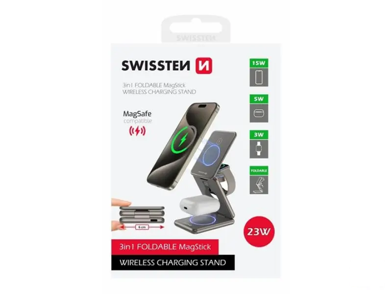 Swissten Charger MagStation wireless, 3 in 1, (MagSafe compatible), grey