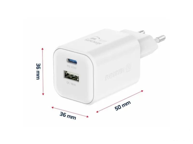 Swissten Travel Charger GaN 1x USB-C 45W PD + 1x USB-A 18W QC White