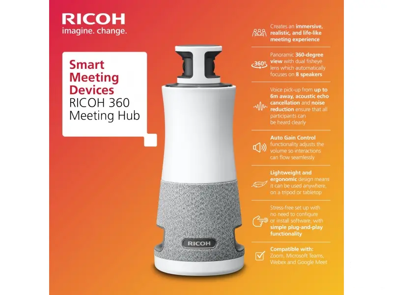 Ricoh Conference system 360 Meeting hub, 3-in-1, 360, Plug-and-Play Conference Camera/Microphone/Speaker, Camera 1920x1080, 3.6m/6m Video/Audio pickup range, 3x8W speakers