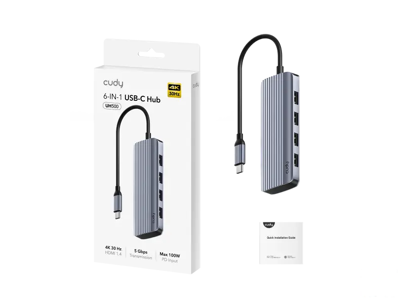 CUDY HUB UH500 6-in-1 1x HDMI 4K, 1x USB Type-C PD 100W, 4x USB A 3.2