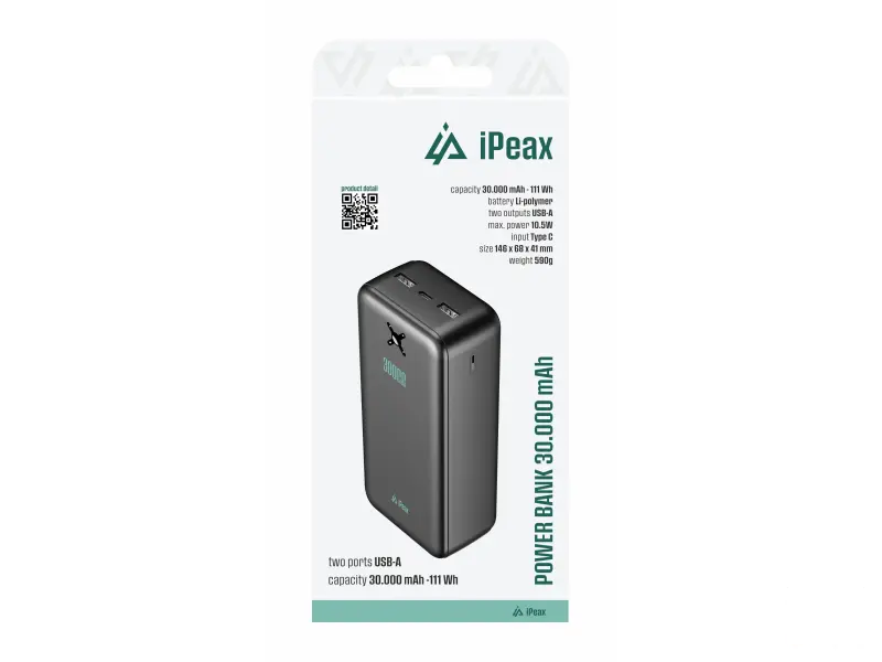iPEAX Power bank 30000 mAh, 10.5W, 2x USB-A Black