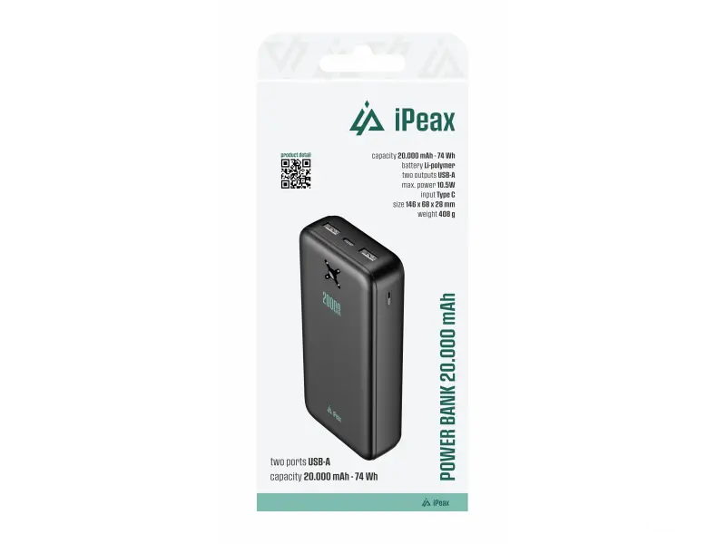 iPEAX Power bank 20000 mAh, 10.5W, 2x USB-A Black