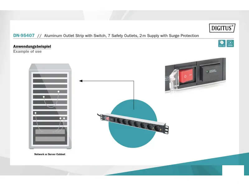 Digitus Napojna letva 1U Aluminum PDU, 19", sa prekidacem i zastitom, 7x safety outlet, 16A, 2m