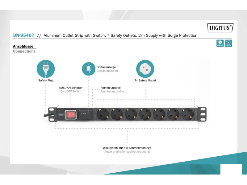 Digitus Napojna letva 1U Aluminum PDU, 19", sa prekidacem i zastitom, 7x safety outlet, 16A, 2m
