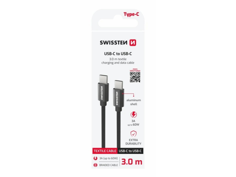 Swissten DATA CABLE TEXTILE USB-C / USB-C 3.0 M BLACK