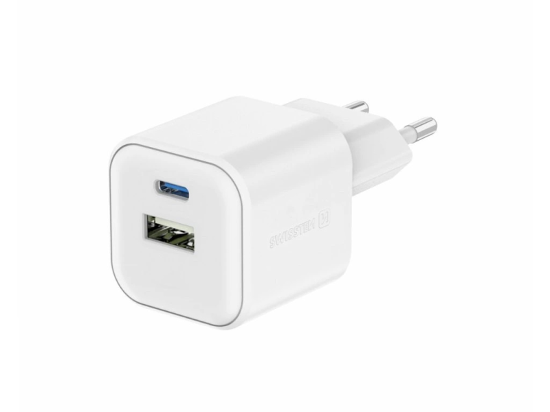 Swissten TRAVEL CHARGER EDGE GaN 1x USB-C PD 20W + 1x USB-A 18W QC, FOR UK PLUG WHITE