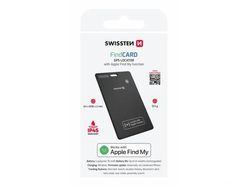 Swissten Find Card Smart Locator With Apple Find My Function - Black