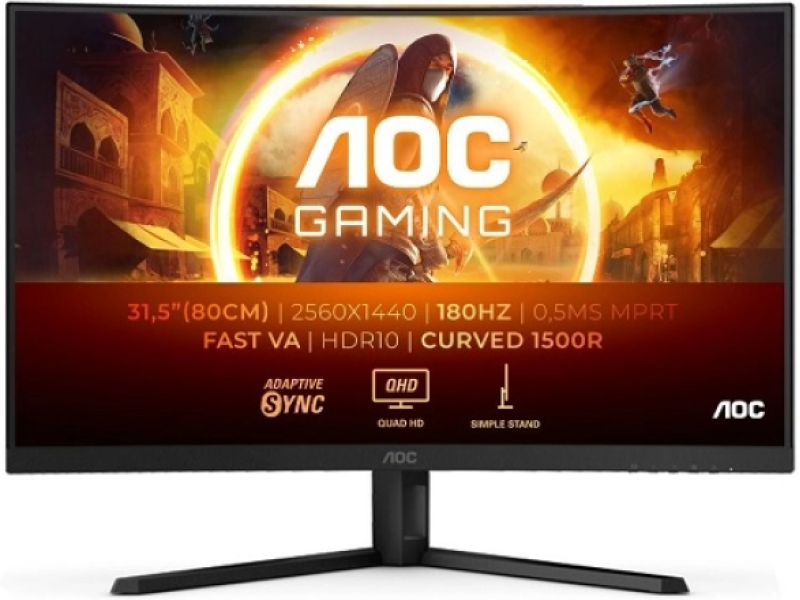 AOC QHD Gaming LED Curved Monitor CQ32G4VE, 31.5", 2560x1440, 180Hz, 0.5 ms, DP/HDMI*2, Tilt