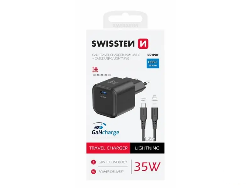 Swissten Travel charger 1x USB-C 35W PD black, data cable USB-C/Lightning 1.2 M, black