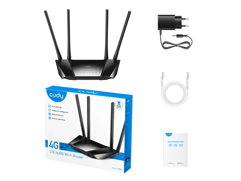 CUDY Ruter sa modemom LT400 3G / 4G LTE Cat.4 (do 150Mb/s download), WiFi 300Mb/s na 2.4GHz 802.11b/g/n, SIM slot za karticu, Ethernet 10/100Mb/s WAN + 3 LAN, PPTP/L2TP VPN client, QoS, advance firewall, 4 x 6dBi antene