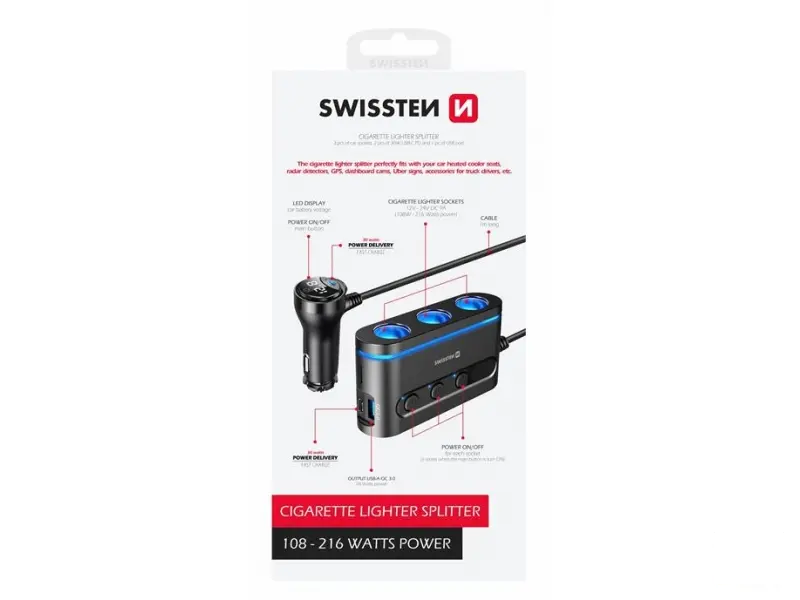 Swissten Car charger adapter, cigarette lighter 3x CL, 2x USB-C PD, 1x USB-A QA (108W- 216W)