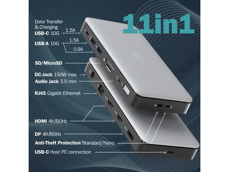 Digitus Dock 11-Port, 2x HDMI, DP, 2x USB-A, USB Type-C, RJ45, DC, Audio