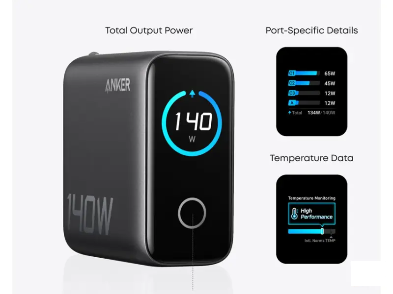 ANKER 140W zidni punjač 4-porta (3x USB-C, 1x USB-A) sa USB-C M/M pletenim kablom, tamno sivi 