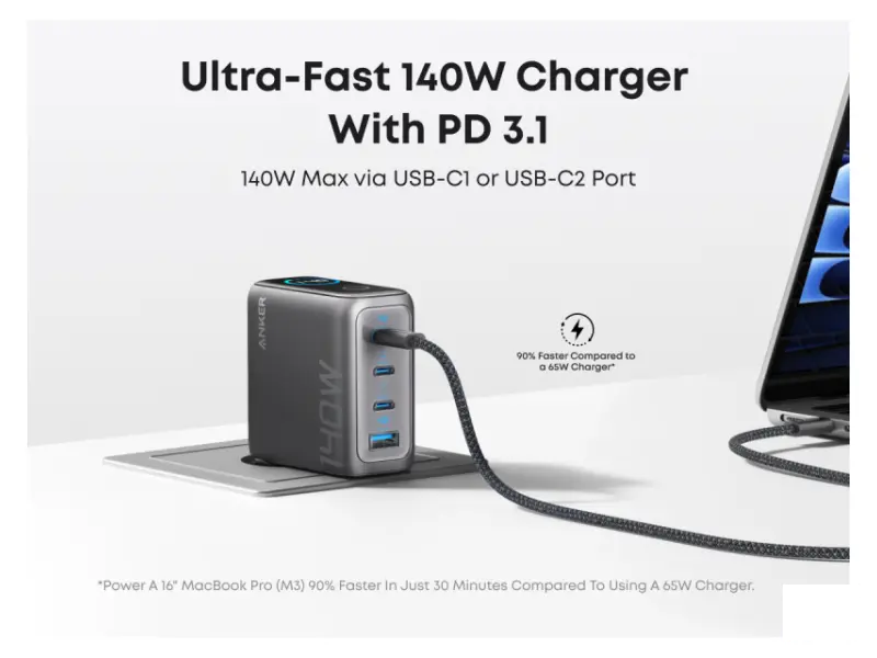 ANKER 140W zidni punjač 4-porta (3x USB-C, 1x USB-A) sa USB-C M/M pletenim kablom, tamno sivi 