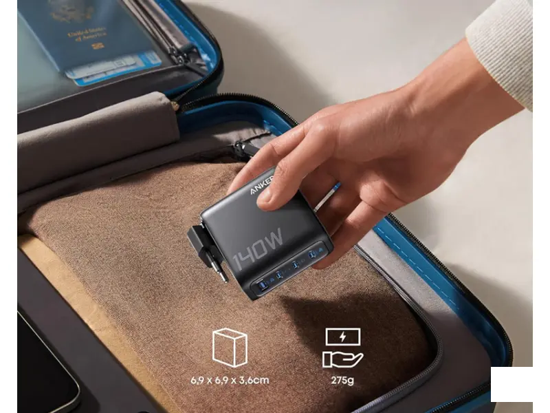 ANKER 140W zidni punjač 4-porta (3x USB-C, 1x USB-A) sa USB-C M/M pletenim kablom, tamno sivi 