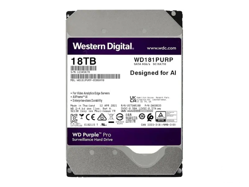 WD PURPLE PRO Surveillance HDD 18TB SATA 6 Gb/s, 512 MB Cache, 3.5", 7200 rpm, up to 272MB/s, CMR