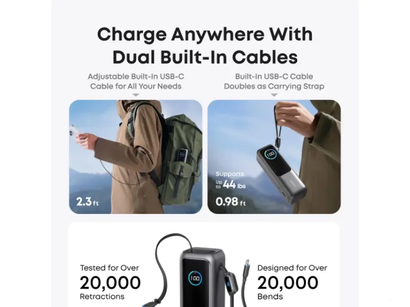 ANKER 25000mAh, 165W, sa ugrađenim USB-C kablom na izvlačenje, Power Bank za laptop srebrni 