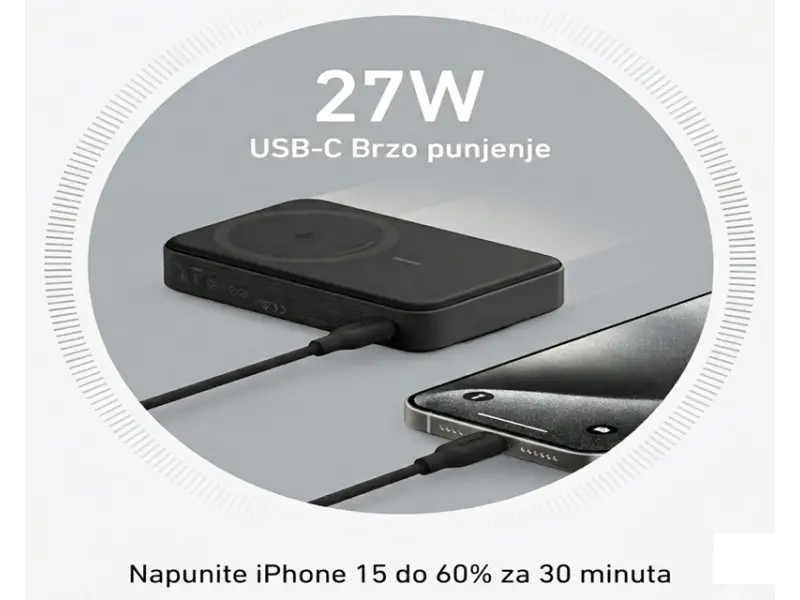 ANKER MagGo 10000mAh, 27W, bežični power bank, crni