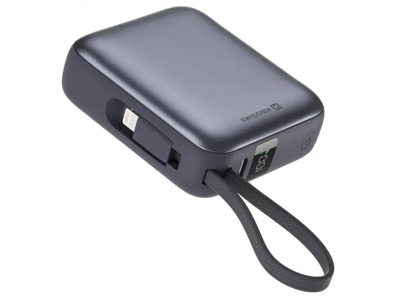Swissten POWER BANK SPACE 10000 mAh, 35W WITH BUILT-IN USB-C CABLE SILVER