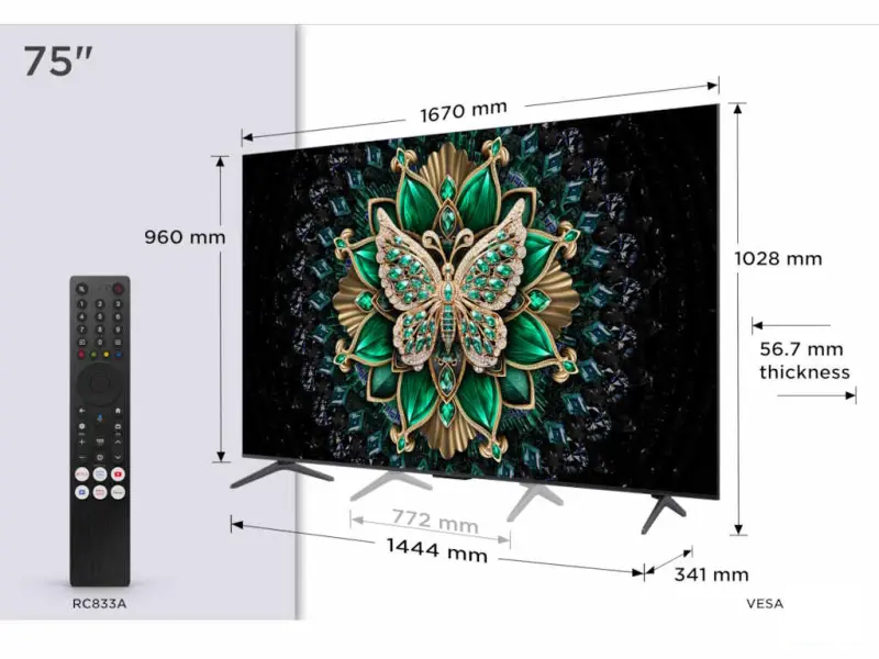 TCL 75C6K mini LED TV 75" ultra HD, Google TV smart, 512 Local Dimming Zones, 144Hz, Onkyo 2.1