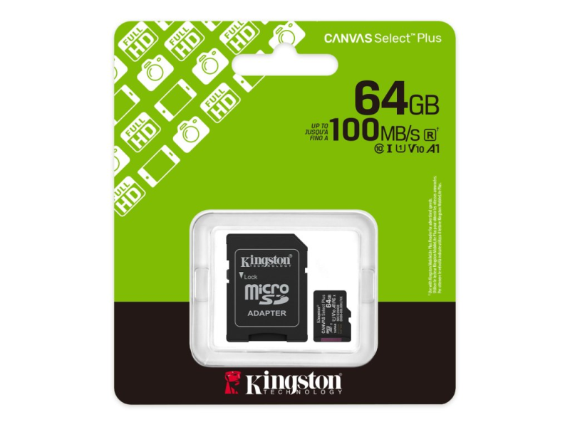 KINGSTON Micro SDXC 64GB CANVAS Select Plus C10 + SD Adapter, A1, U1, V10 up to 100 MB/s , UHS-I