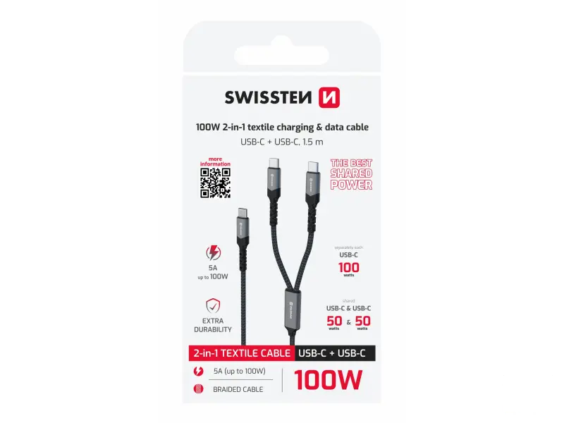 Swissten Kabl 2in1 100W USB-C/ 2x USB-C 1.5m Black
