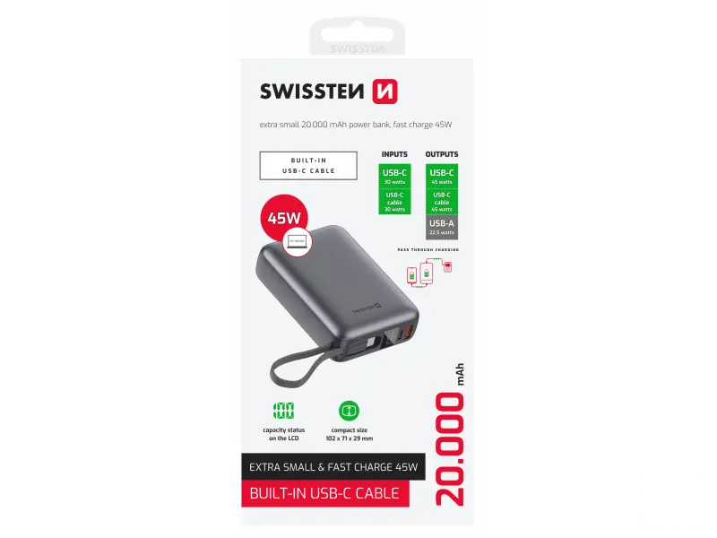 Swissten Power bank 20000 mAh 45W with built-in cable USB-C Space Silver