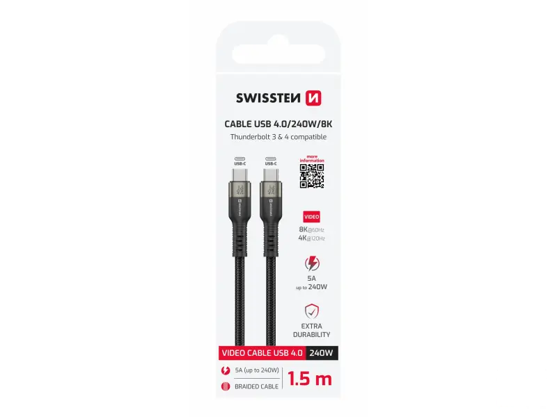 Swissten Kabl Data Video USB-C 4.0 – 240W, 40Gbps, 8K 60Hz, 1.5m Black