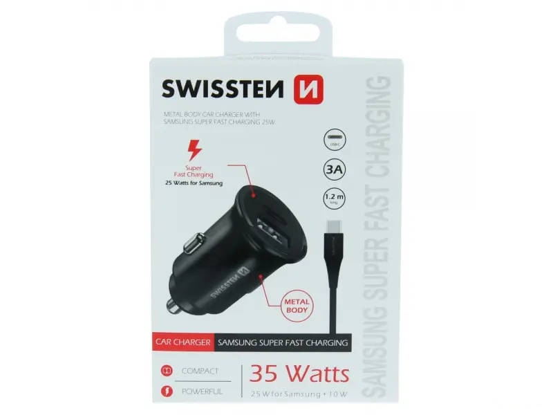 Swissten Car charger for Samsung fast charging 25W + data cable USB-C/USB-C 1.2 M, black