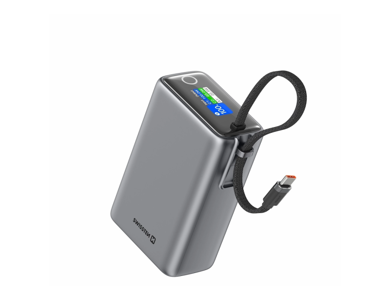 Swissten Power Bank Traveling 25000 mAh (96.25Wh) 100W With Built-In USB-C Cable Grey